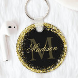 Glamoureus Black Gold Glitter Monogram Naam Sleutelhanger<br><div class="desc">Pas deze luxe glazen goudglitter sleutelhanger eenvoudig aan met uw eigen naam en monogram.</div>