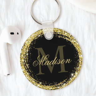 Glamoureus Black Gold Glitter Monogram Naam Sleutelhanger