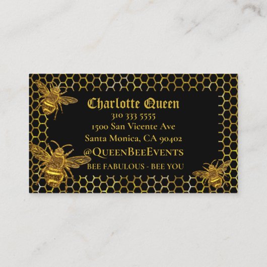 Glamoureus Black Gold Queen Bee Events Production Visitekaartje (Achterkant)