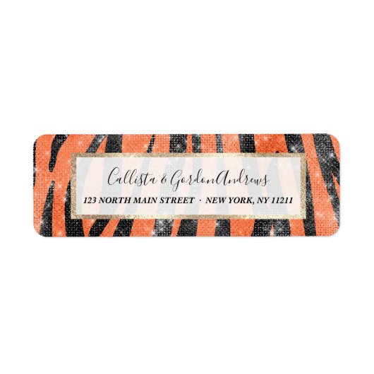 Glamoureus Black Oranje Glitter Animal Tiger Strip Etiket (Voorkant)
