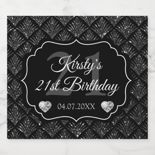 Glamoureus Black & Silver Glitter Pattern Birthday Sparkling Wijnetiket (Enkel label)