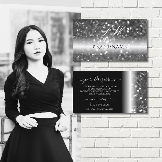 Glamoureus Black Silver Sparking Glitter Initialen Visitekaartje