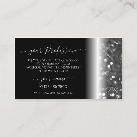 Glamoureus Black Silver Sparking Glitter Initialen Visitekaartje (Achterkant)
