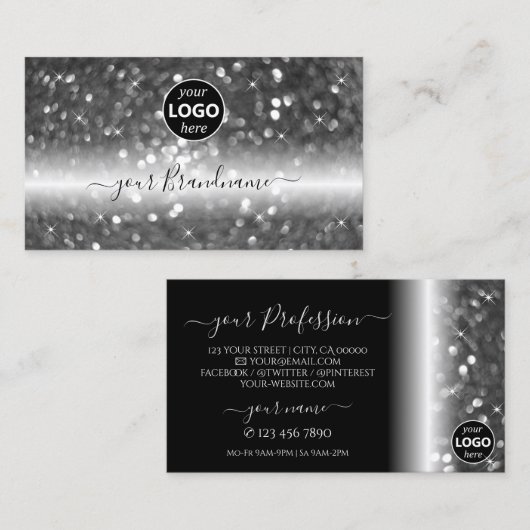 Glamoureus Black Silver Sparking Glitter met Logo Visitekaartje (Voorkant / Achterkant)