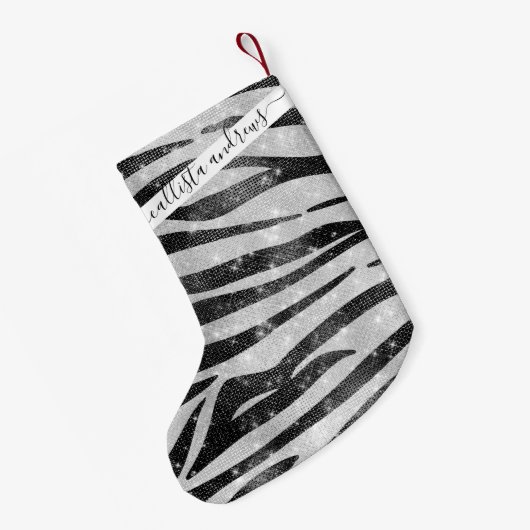 Glamoureus Black White Sparkly Glitter Zebra Strip Kleine Kerstsok (Achterkant (Hangend))