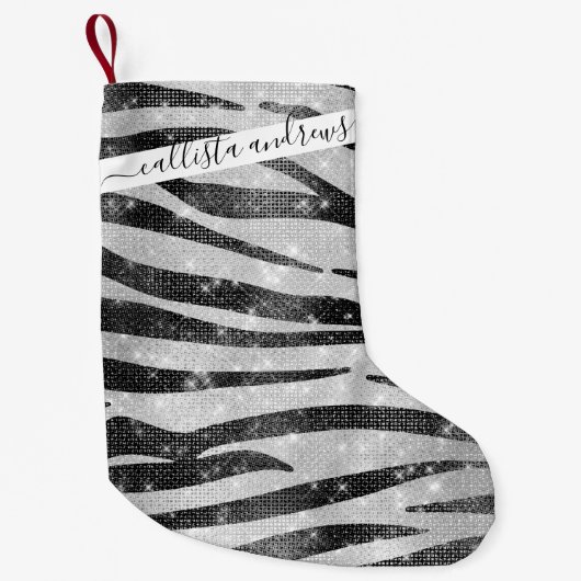 Glamoureus Black White Sparkly Glitter Zebra Strip Kleine Kerstsok (Voorkant)