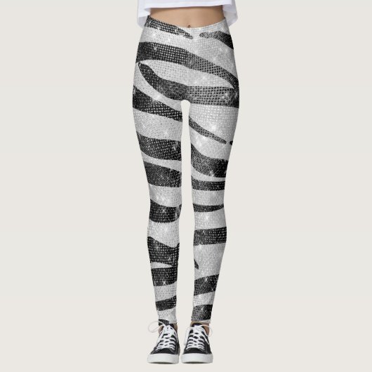Glamoureus Black White Sparkly Glitter Zebra Strip Leggings (Voorkant)