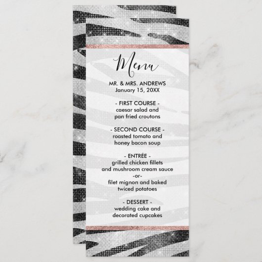 Glamoureus Black White Sparkly Glitter Zebra Strip Menu (Voorkant / Achterkant)