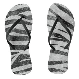 Glamoureus Black White Sparkly Glitter Zebra Strip Teenslippers
