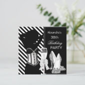 Glamoureus Black White Stripe Birthday Party Kaart (Staand voorkant)