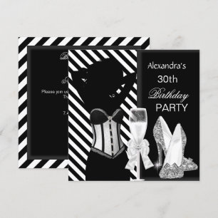 Glamoureus Black White Stripe Birthday Party Kaart