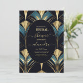 Glamoureus Blauw en Goud Art Deco Bridal Kaart (Staand voorkant)