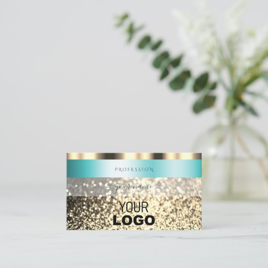 Glamoureus Blauwgroen Gold Sparking Glitter met Lo Visitekaartje (Staand voorkant)