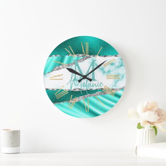 Glamoureus Blauwgroen marmer en zilver Glitter Grote Klok (Huis)