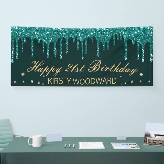 Glamoureus Blauwgroen uitdrijven Glitter Birthday Spandoek (Beurs)