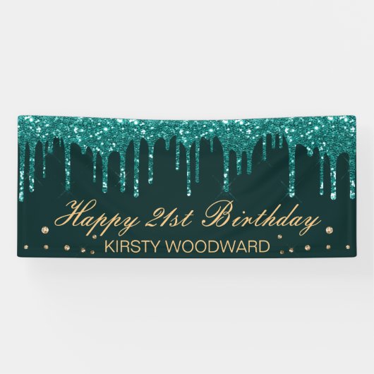 Glamoureus Blauwgroen uitdrijven Glitter Birthday Spandoek (Horizontaal)