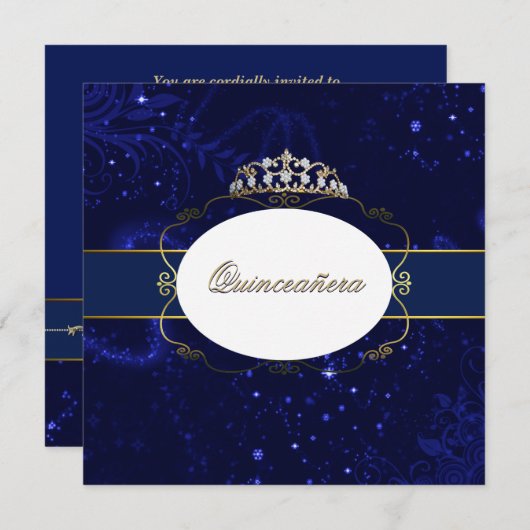Glamoureus Blue en Gold Quinceañera Uitnodiging