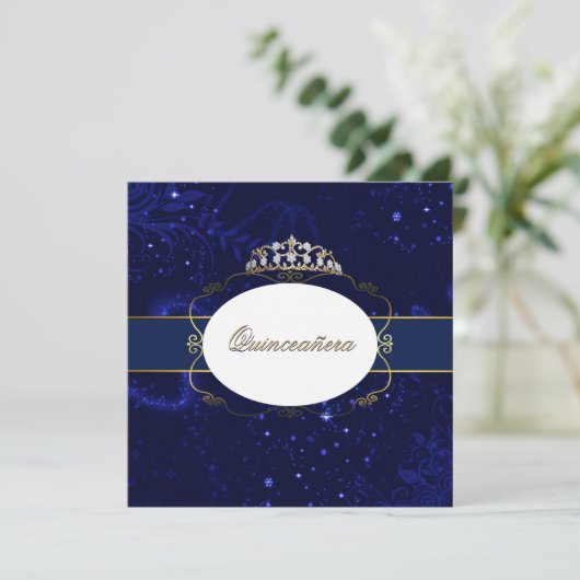 Glamoureus Blue en Gold Quinceañera Uitnodiging (Staand voorkant)