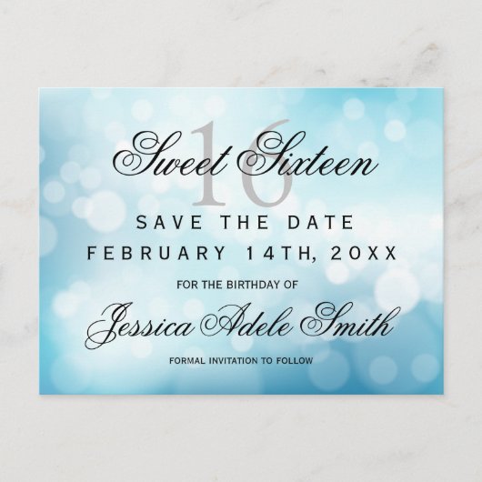 Glamoureus Blue Glitter Sweet 16 behalve de datum Briefkaart (Voorkant)