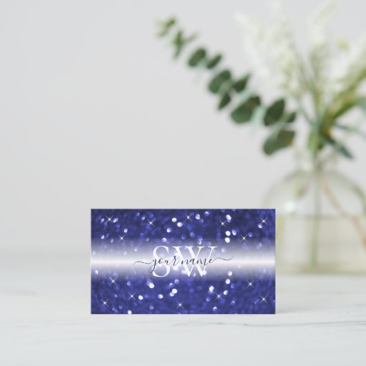 Glamoureus Blue Sparking Glitter Stars Initialen Visitekaartje (Staand voorkant)