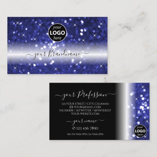 Glamoureus Blue Sparking Glitter Stars met Logo Visitekaartje (Voorkant / Achterkant)