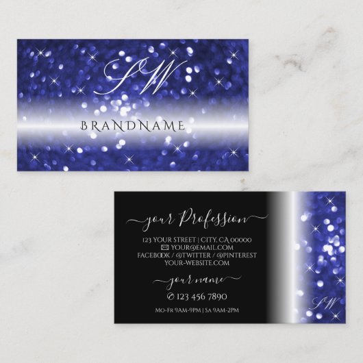 Glamoureus Blue Sparking Glitter Stars Monogram Visitekaartje (Voorkant / Achterkant)