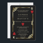 Glamoureus Casino Las Vegas Poker Wedding Kaart<br><div class="desc">Luxe Casino Royale, art deco thema kaart ontwerp. Het beschikt over art deco stijl, een Roaring 1920's oude Hollywood gebroken lijst met faux gouden folie Fleur-de-lis, rode harten, Q en K op twee hoeken (simuleren speelkaarten), op een zwarte achtergrond. Speciale bewoordingen worden gebruikt als in poker spel. Op de rug...</div>