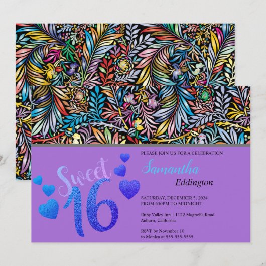 Glamoureus Colors Sweet 16 Uitnodiging (Voorkant / Achterkant)