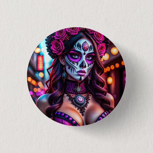 Glamoureus Día de los Muertos Catrina portret met Ronde Button 3,2 Cm (Voorkant)
