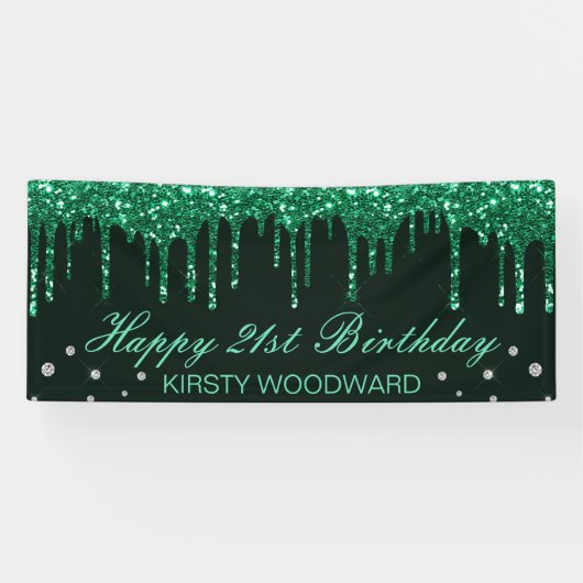 Glamoureus Donkergroene drift Glitter Birthday Spandoek (Horizontaal)