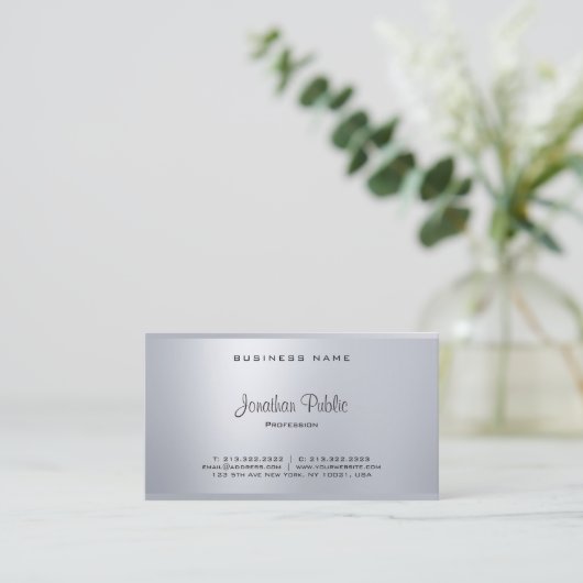 Glamoureus Elegant Silver Moderne Script Cool Plai Visitekaartje (Staand voorkant)