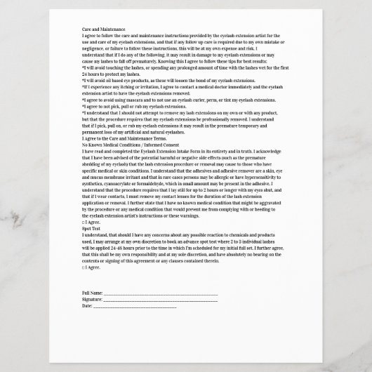 Glamoureus EYELASH EXTENSION Liability Waiver Form Flyer (Achterkant)