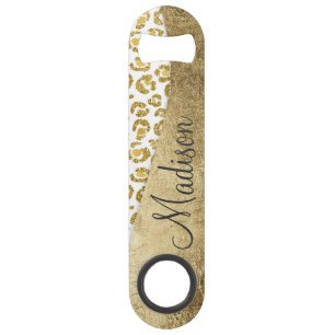Glamoureus Faux Sparkly Gold Leopard Monogram Speed Flessenopener