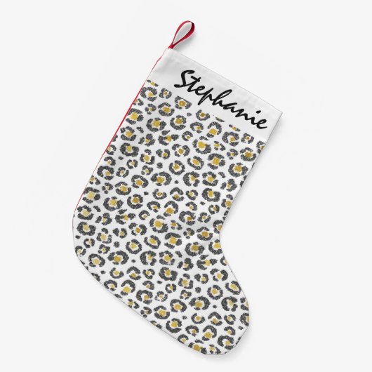 Glamoureus Faux Sparkly Gold & Silver Leopard Kleine Kerstsok (Voorkant (Hangend))