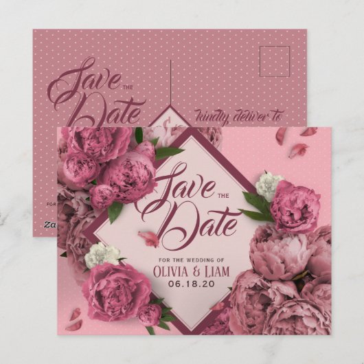 Glamoureus Floral Peonies Design Save the Date Briefkaart (Voorkant / Achterkant)