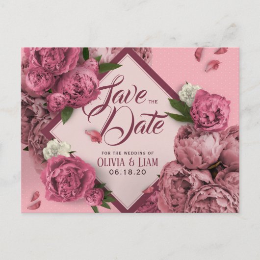 Glamoureus Floral Peonies Design Save the Date Briefkaart (Voorkant)