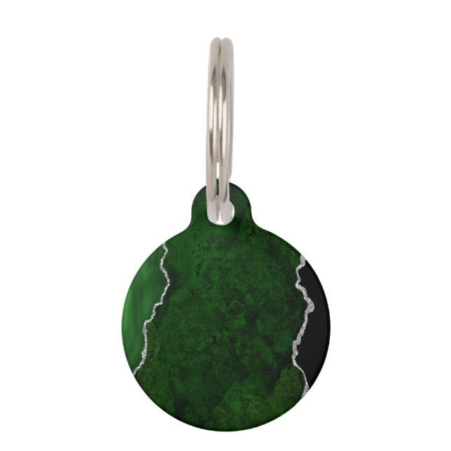 Glamoureus Forest Green Marble Chic Silver Glitter Huisdierpenning (Voorkant)