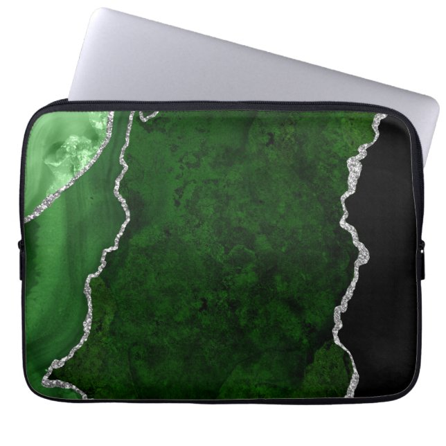 Glamoureus Forest Green Marble Chic Silver Glitter Laptop Sleeve (Voorkant)