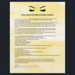 Glamoureus gele EYELASH EXTENSIECONSENT FORMULIER Flyer<br><div class="desc">Eyelash Extensions Consent-formulieren zijn perfect voor uw Lash Extension-activiteiten. Dit moderne en verfijnde toestemmingsformulier bevat een glamoureuze, minimalistische illustratie van de wimpers van een vrouw, een titel en een blok waar je al je geïnformeerde toestemming op een luxe waterverf zonnegele achtergrond kunt plaatsen. Hulp nodig? Stuur me een e-mail naar...</div>