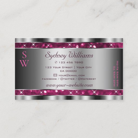Glamoureus Girly Pink Glitter Stars Monogram Silve Visitekaartje (Achterkant)