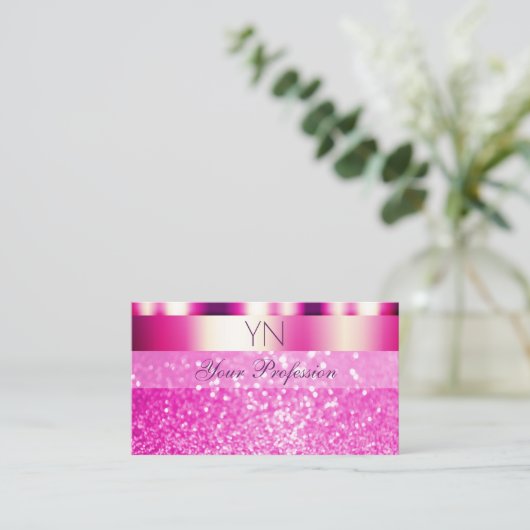 Glamoureus Girly Pink Sparking Glitter Monogram Visitekaartje (Staand voorkant)