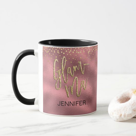 Glamoureus Glamma Pink Foil Gold Stippen Name Mok (Met donut)