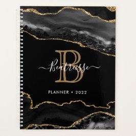 Glamoureus Glitter Agate Black Gold Monogram Planner