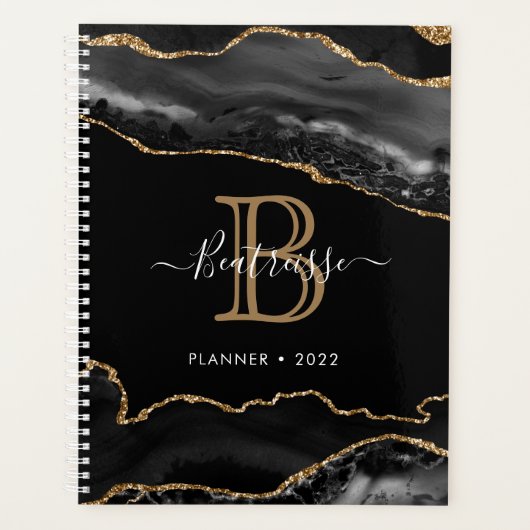 Glamoureus Glitter Agate Black Gold Monogram Planner (Voorkant)