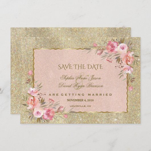 Glamoureus Glitter Blush Bloemen Save The Date (Voorkant / Achterkant)