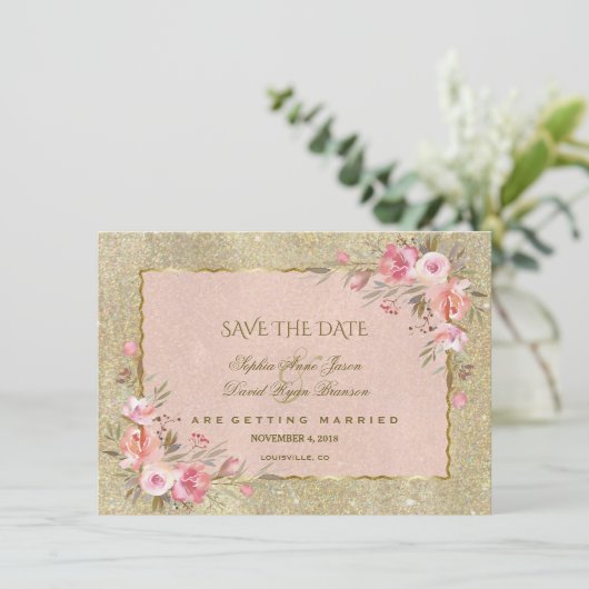 Glamoureus Glitter Blush Bloemen Save The Date (Staand voorkant)