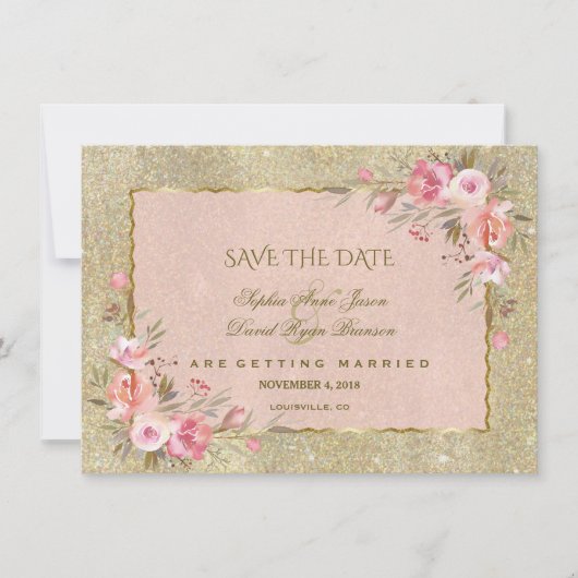 Glamoureus Glitter Blush Bloemen Save The Date (Voorkant)