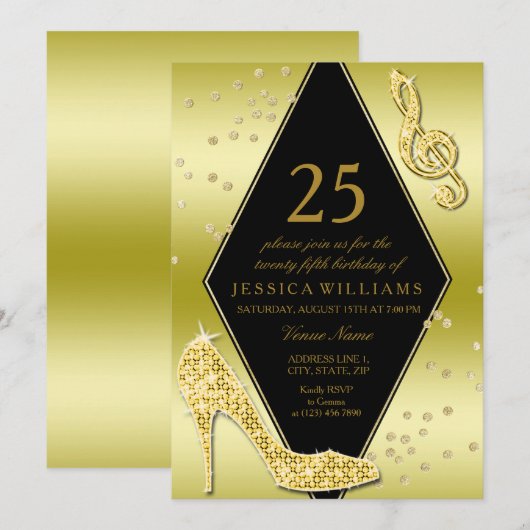 Glamoureus Glitzy Gold 25th Birthday Kaart (Voorkant / Achterkant)