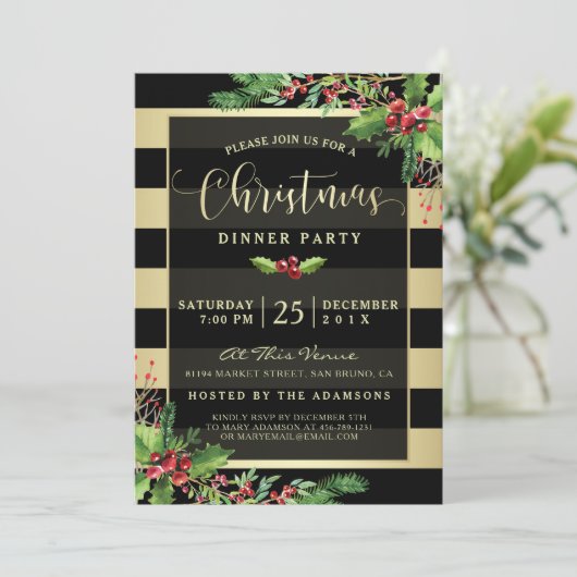 Glamoureus Gold & Black kerstparty uitnodiging (Staand voorkant)