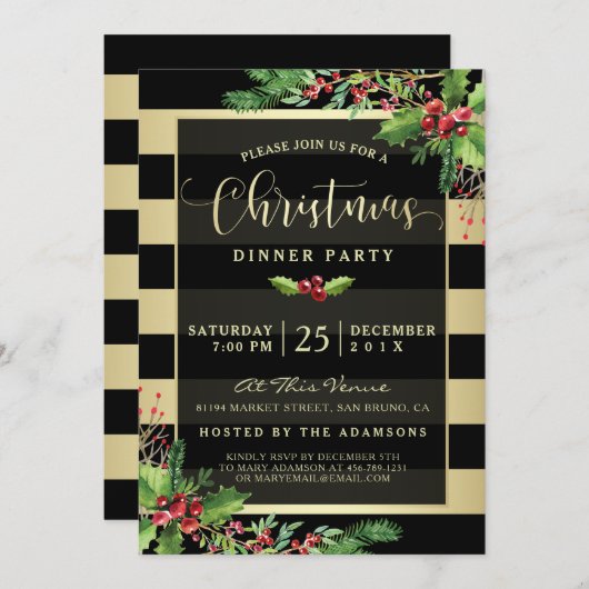 Glamoureus Gold & Black kerstparty uitnodiging (Voorkant / Achterkant)